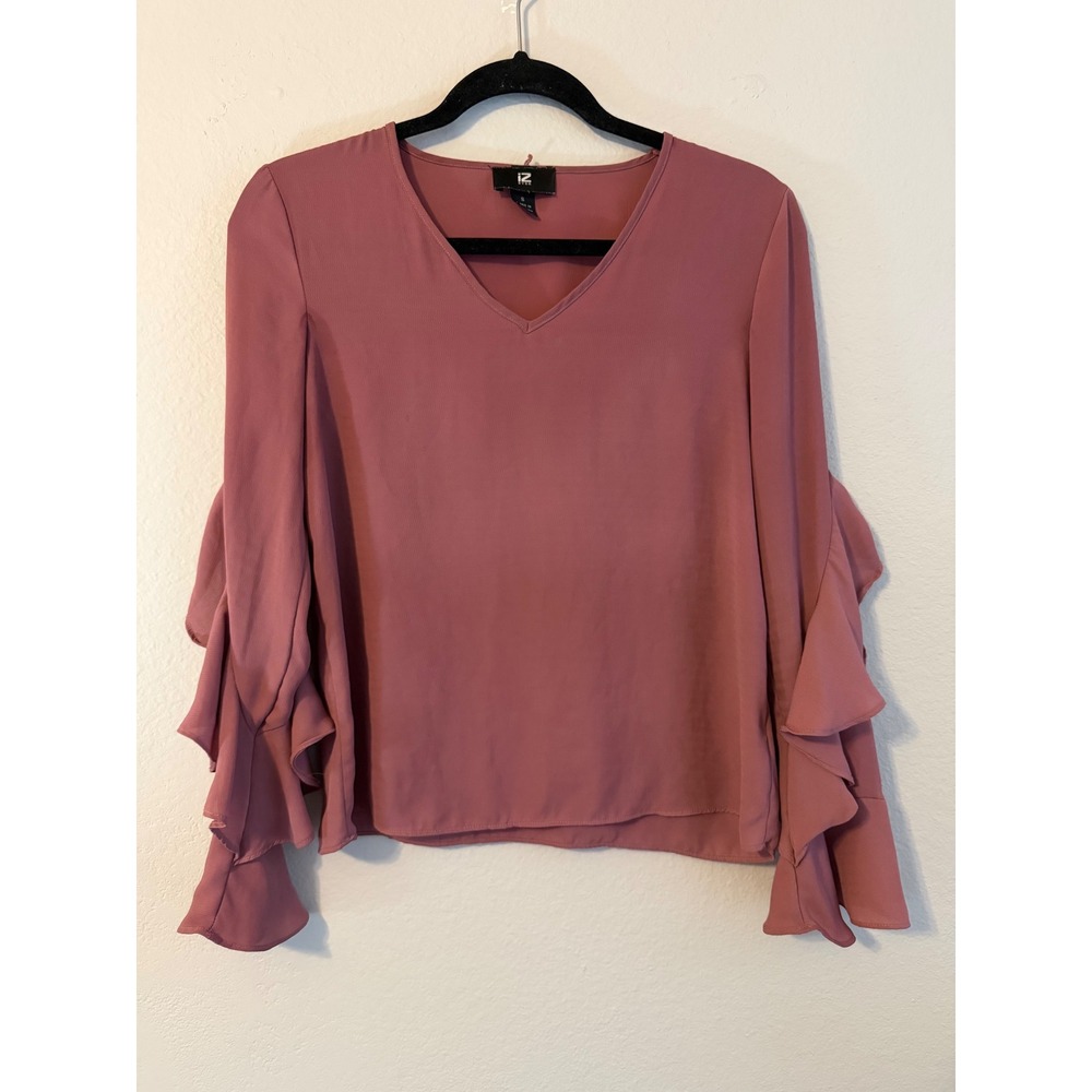 IZ Byer Womens V-Neck Ruffle Long Sleeve Blouse Dusty Rose Pink Size S